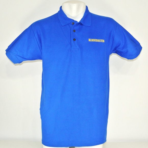 BLOCKBUSTER VIDEO Vintage Text Logo Employee Uniform Polo Shirt Blue NEW LARGE - Picture 2 of 6